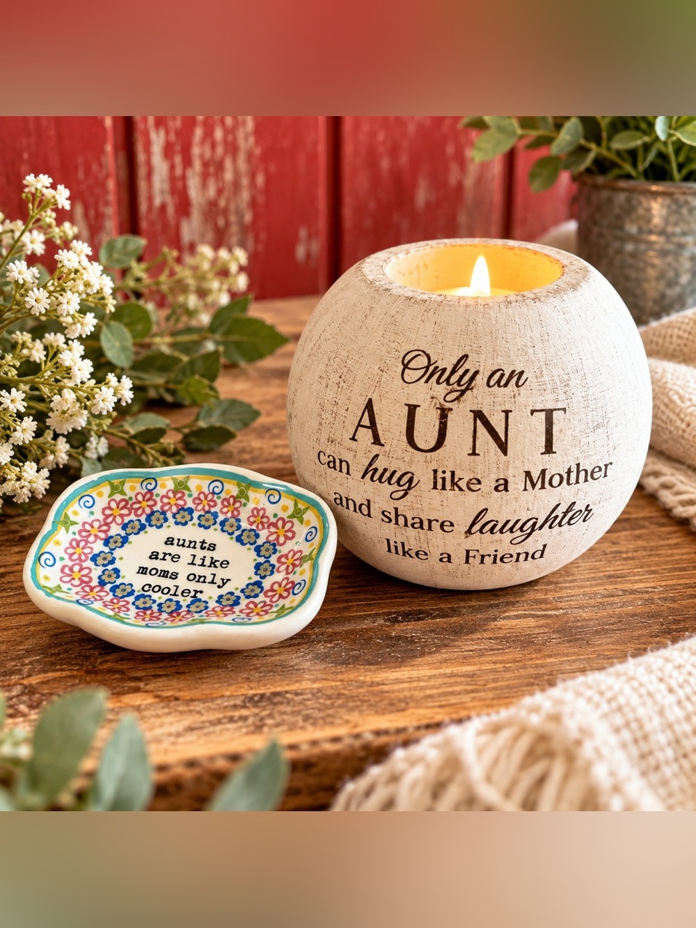 Aunt Gift Set Terracotta Tealight Candle Holder & Floral Trinket Dish